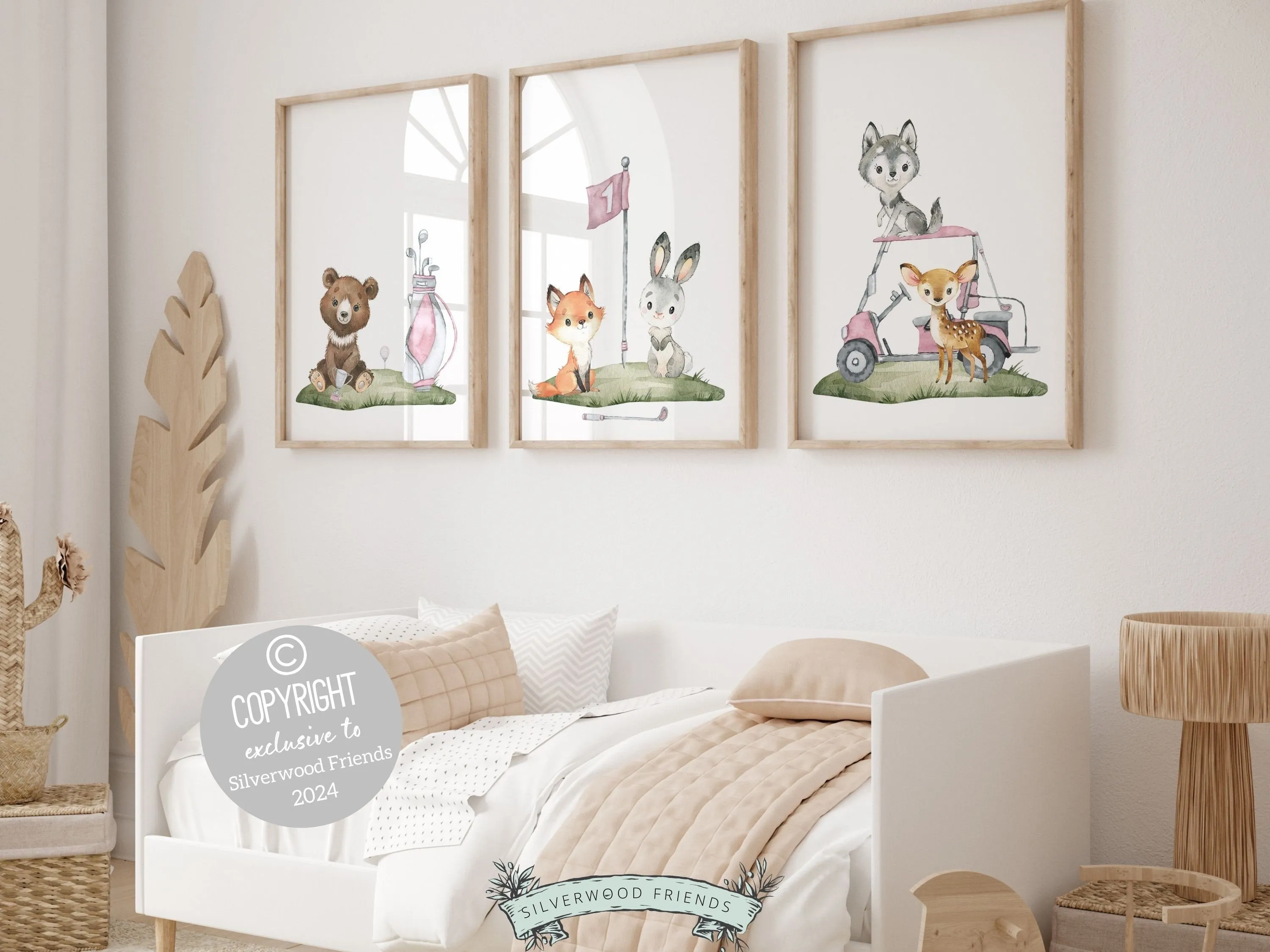 Animals Playing Golf Nursery Prints - Pink