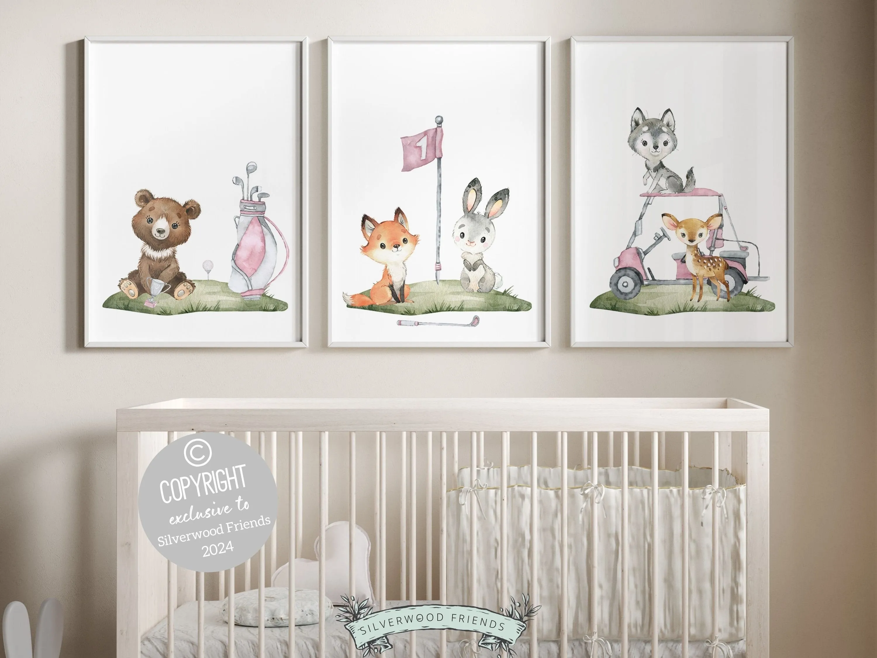 Animals Playing Golf Nursery Prints - Pink