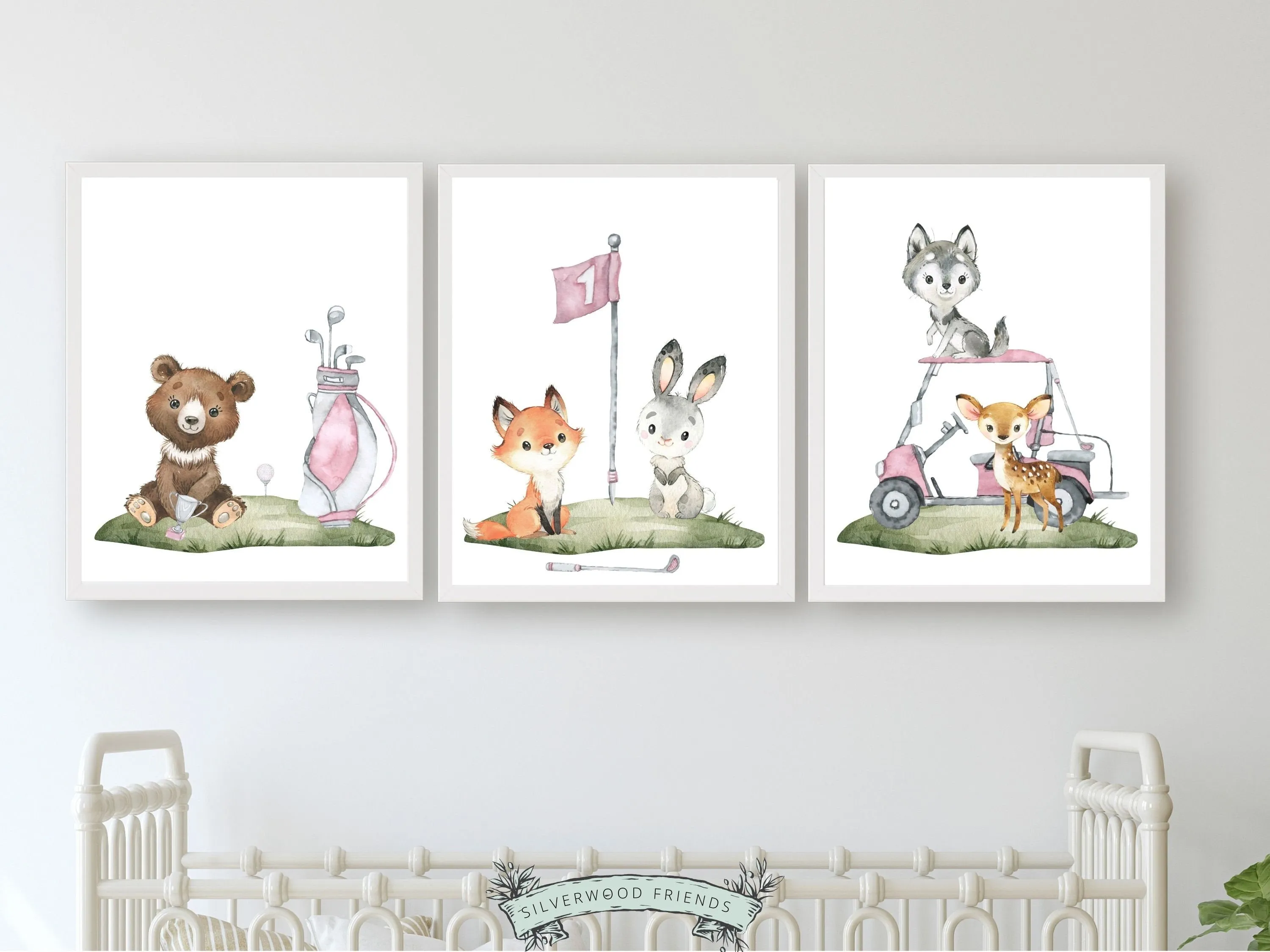 Animals Playing Golf Nursery Prints - Pink