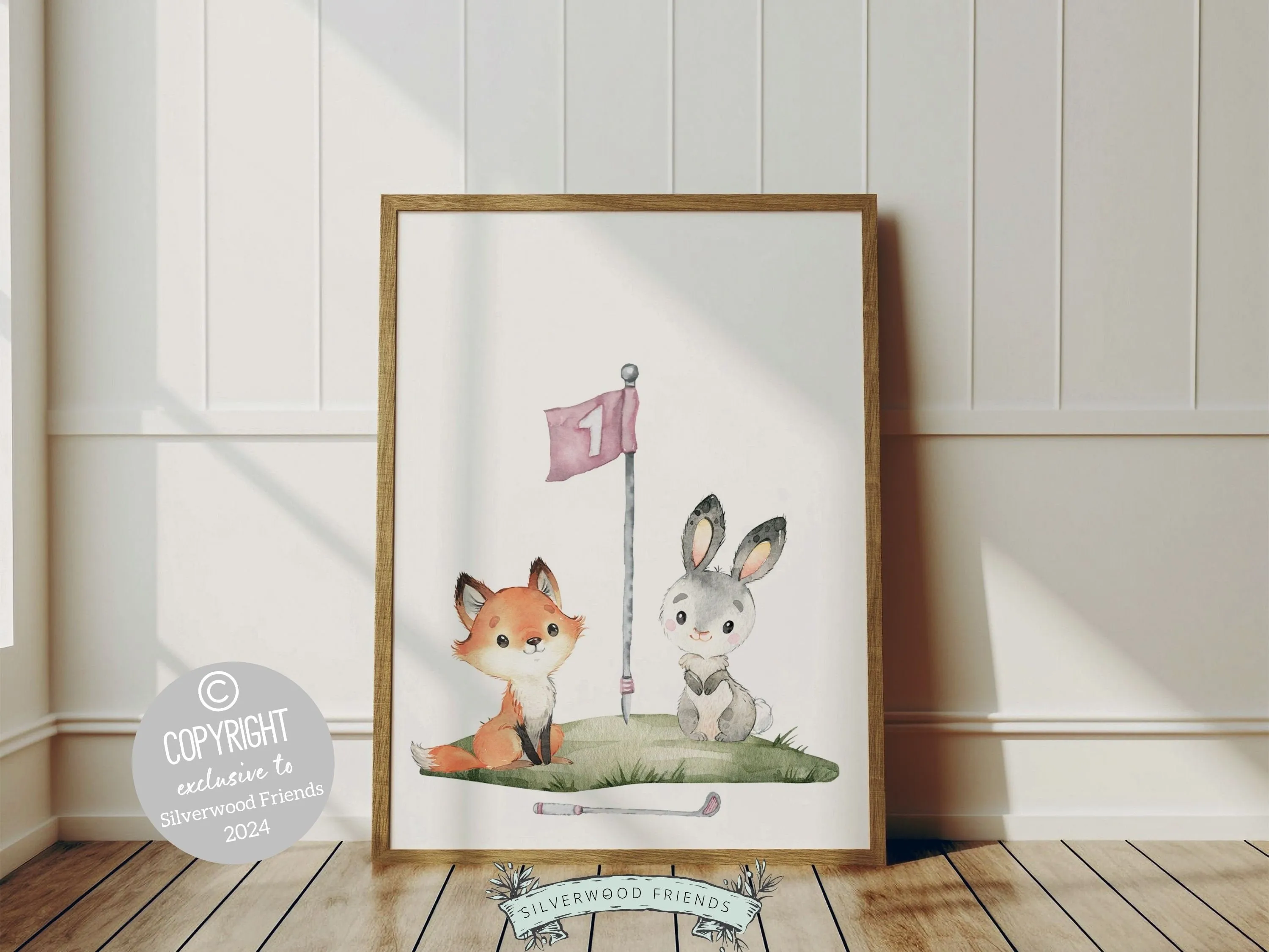 Animals Playing Golf Nursery Prints - Pink