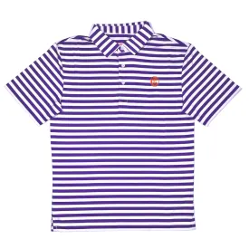 Clemson Ring Crest Polo in White with Purple Stripes