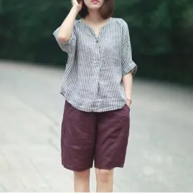 Cotton and Linen Casual Striped Blouse  | Zen