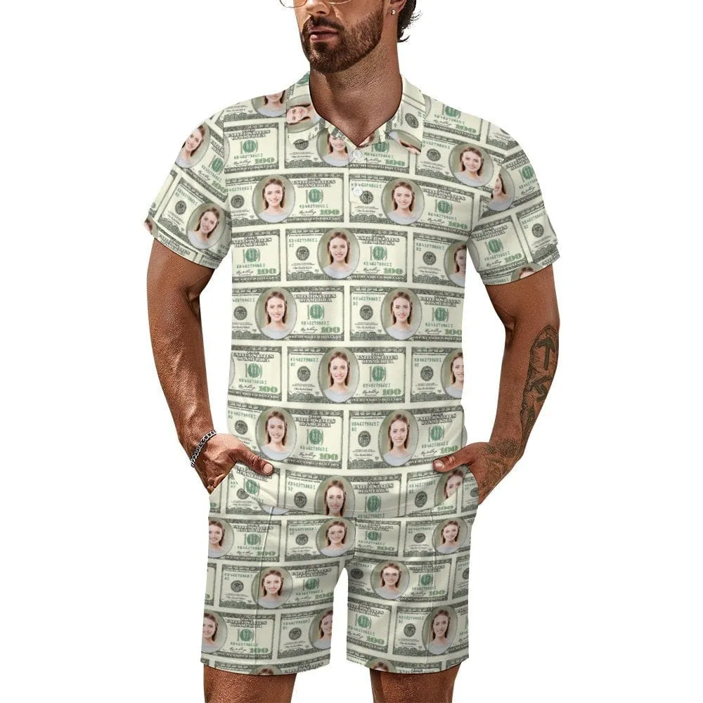 Custom Face Dollar Men's Polo Shirt and Shorts Set 2 Piece Summer Outfits Fashion Tracksuit Set