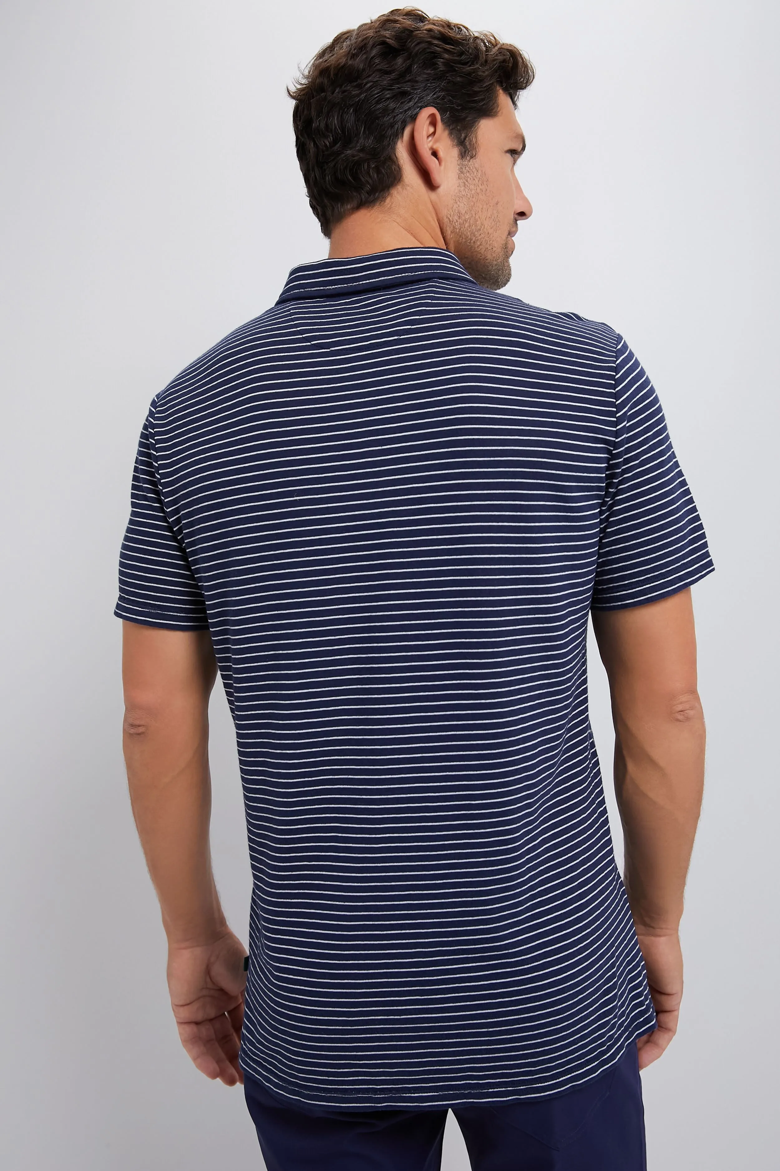 Striped Navy Stretch Linen Polo